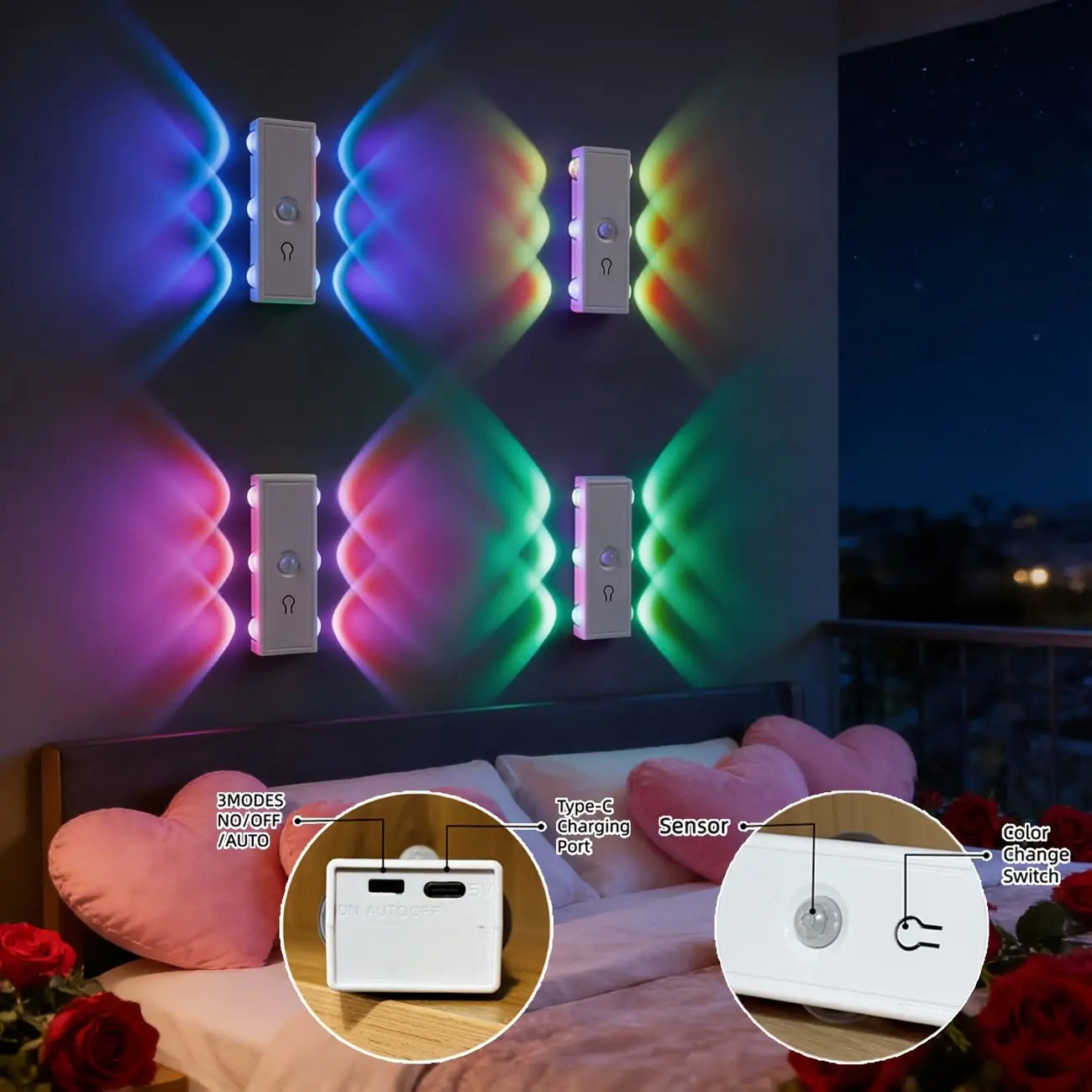 4/2/1Pcs RGB LED Decorative Wall Light with Motion Sensor, Six-Head LED Atmosphere Lighting, Rechargeable, Powered, Ideal for Entryway, Hallway, Bedside, Desk, Closet, Motion Sensor Lamp, LED Wall Lamps, Decorative Lights