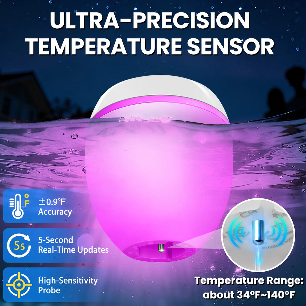 Floating Pool Speaker 3-In-1 with Digital Water Thermometer, IP68 Waterproof TWS Speaker Color LED Lights for Pool Hot Tub Spa, White