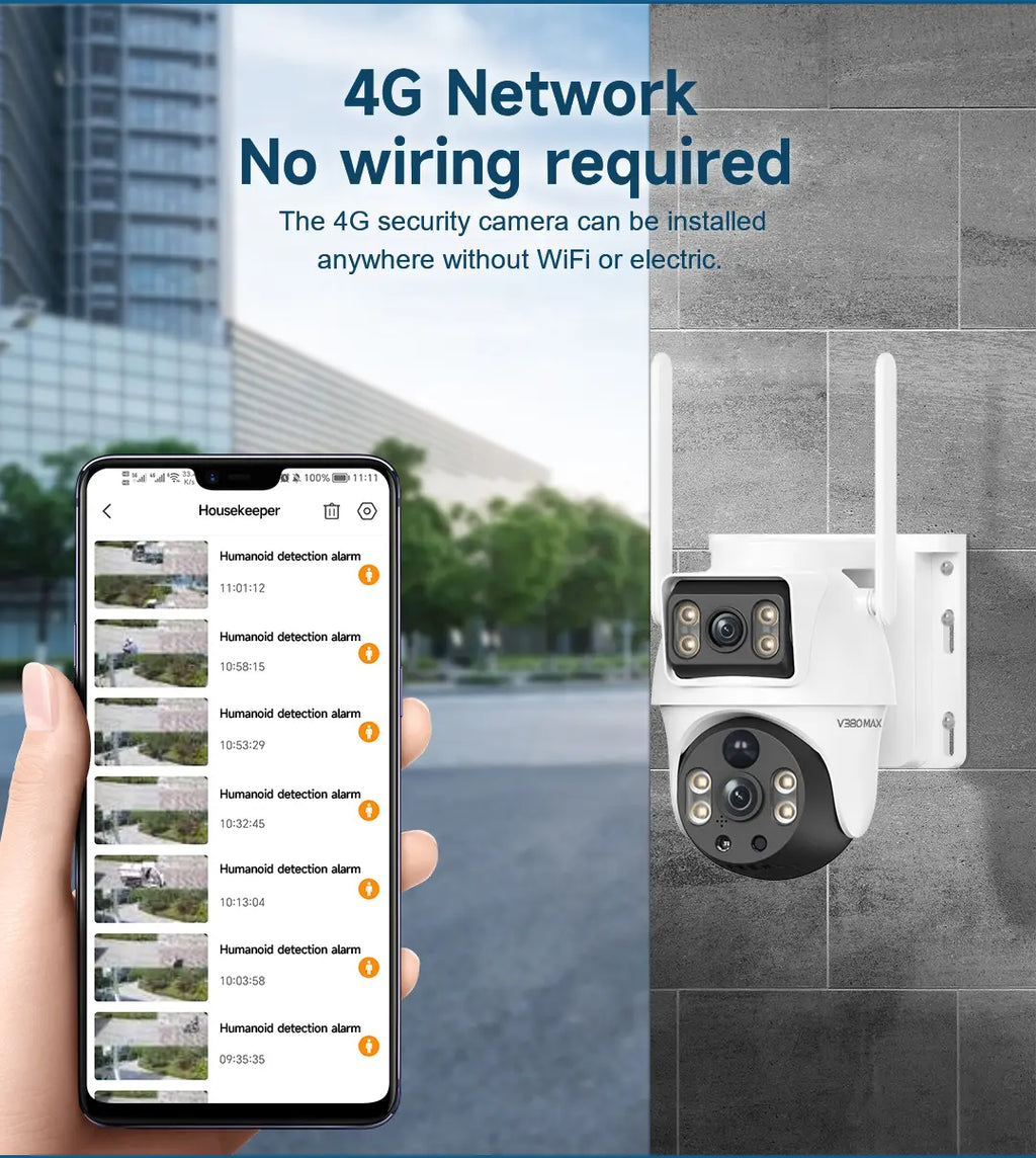 Dual Lens 4G PTZ Solar Security Camera with AI Human Detection, Wireless Outdoor Functionality, Dual View, 355° Pan and 90° Tilt, PIR Motion Alerts, IP65 Waterproof Rating, Night Vision, App Remote Access, No Wi-Fi Required, Comprehensive Home Security So