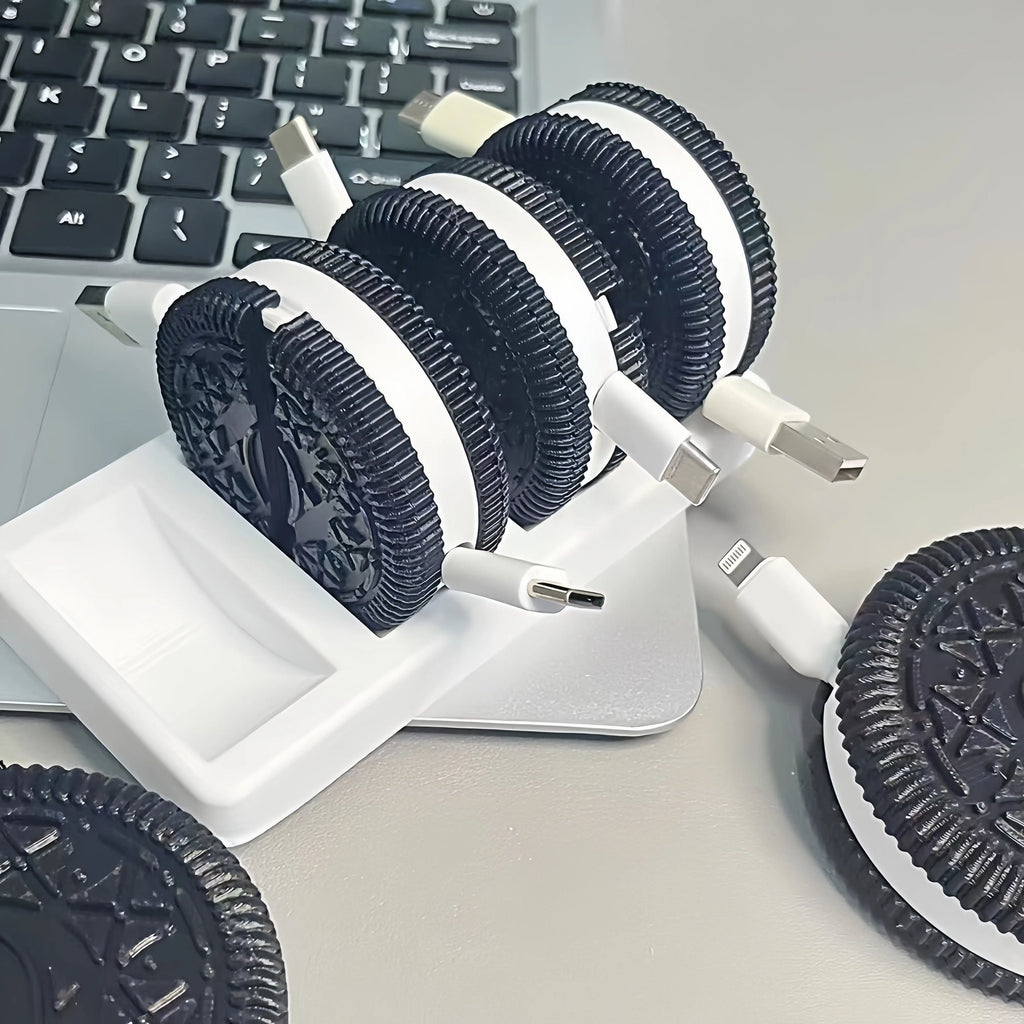 3D Printed Cookie Cable Organizer Set - 4-Piece Realistic Cookie Stand with Tray, Unique Desktop Accessories for Tech Enthusiasts and Plush Mini Fidget Animal, Ideal Gift for Italian Brainrot Toy Lovers