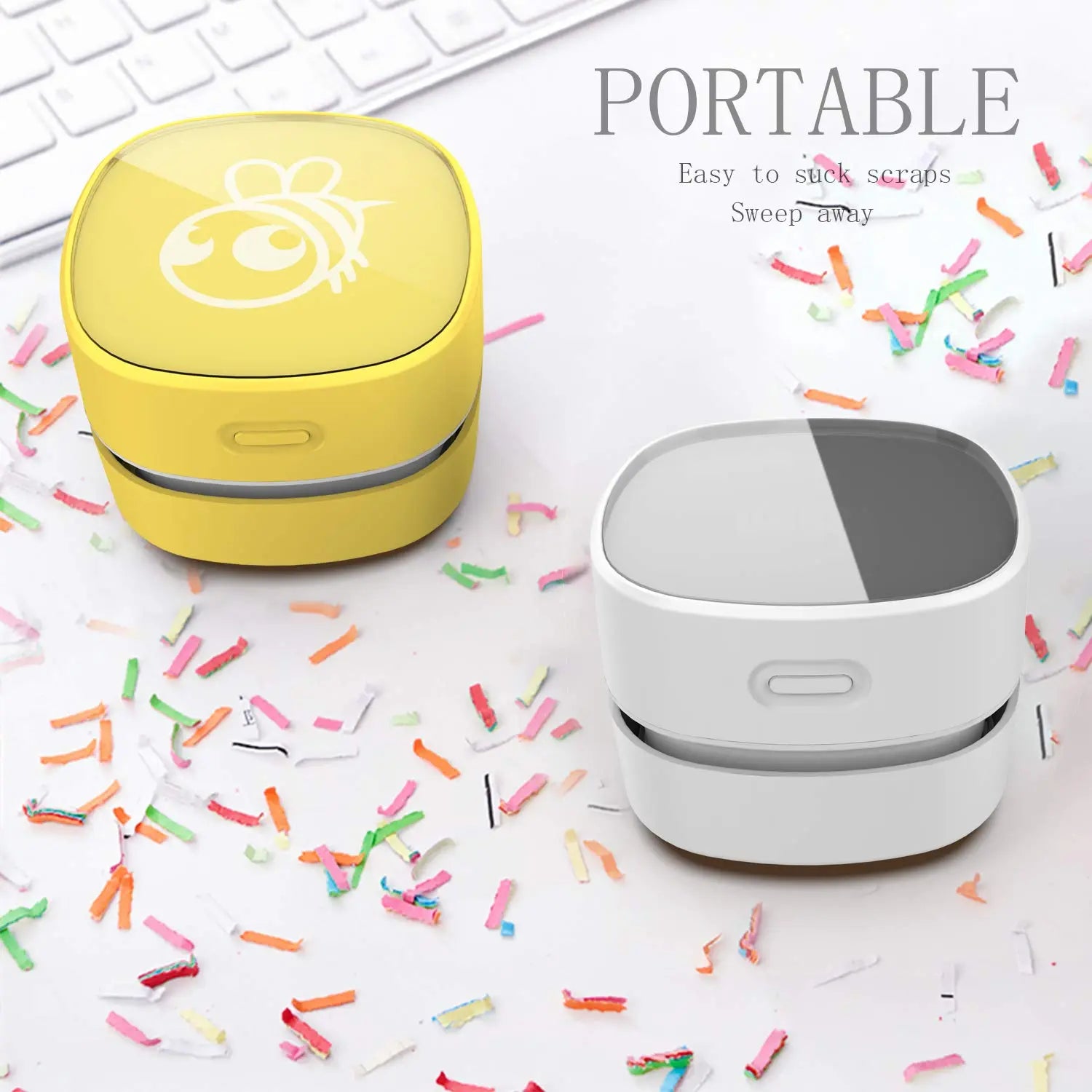 Cordless Mini Desktop Vacuum Cleaner with 360º Rotatable Design, Energy Efficient and High Endurance (90 Minutes) for Home, Office, School, and Keyboard Cleaning (White, AA Battery)