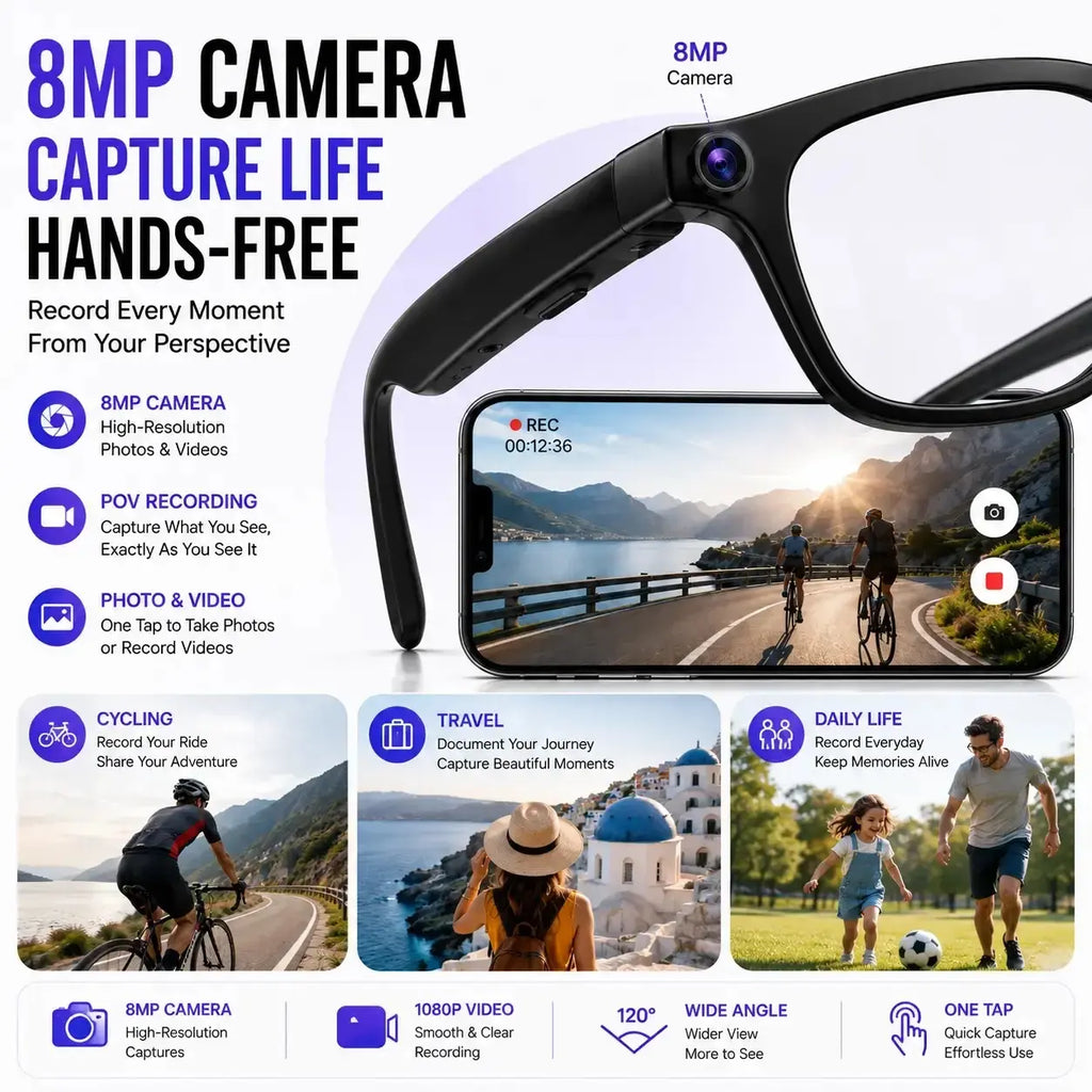 AI Smart Glasses with Translation, 8MP Camera, Real-Time Recording, Wireless Calling and Voice Assistant