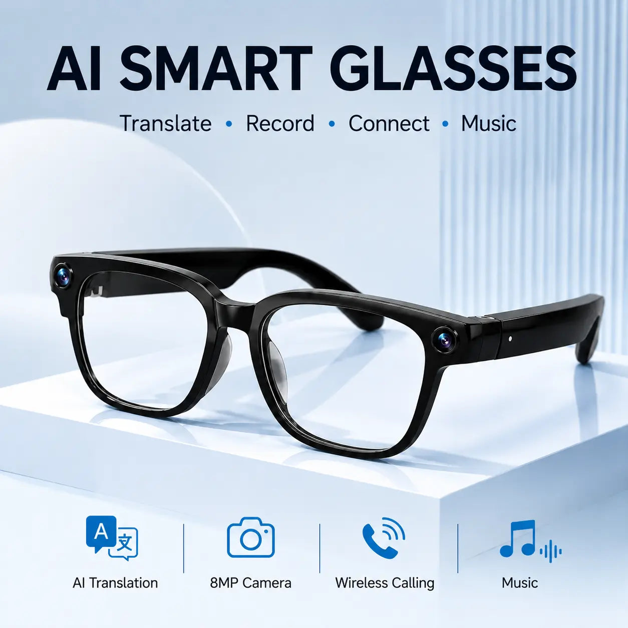 AI Smart Glasses with Translation, 8MP Camera, Real-Time Recording, Wireless Calling and Voice Assistant