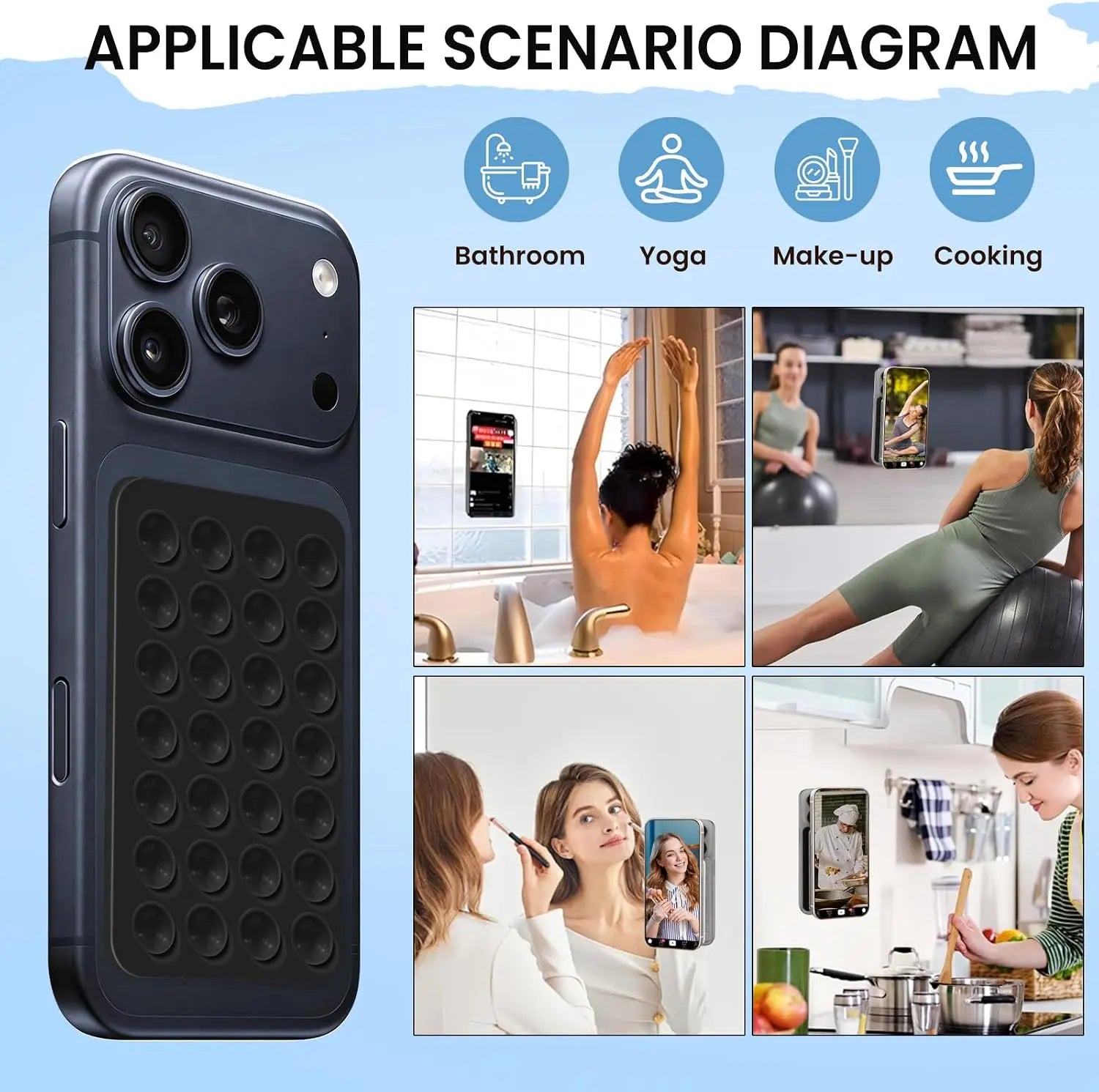 3Pcs Silicone Suction Cup Phone Mount, Double-Sided & Single-Sided Hands-Free Strong Grip Phone Holder for Tiktok Videos Selfies Shower Mirror, Non-Slip Reusable Phone Stand
