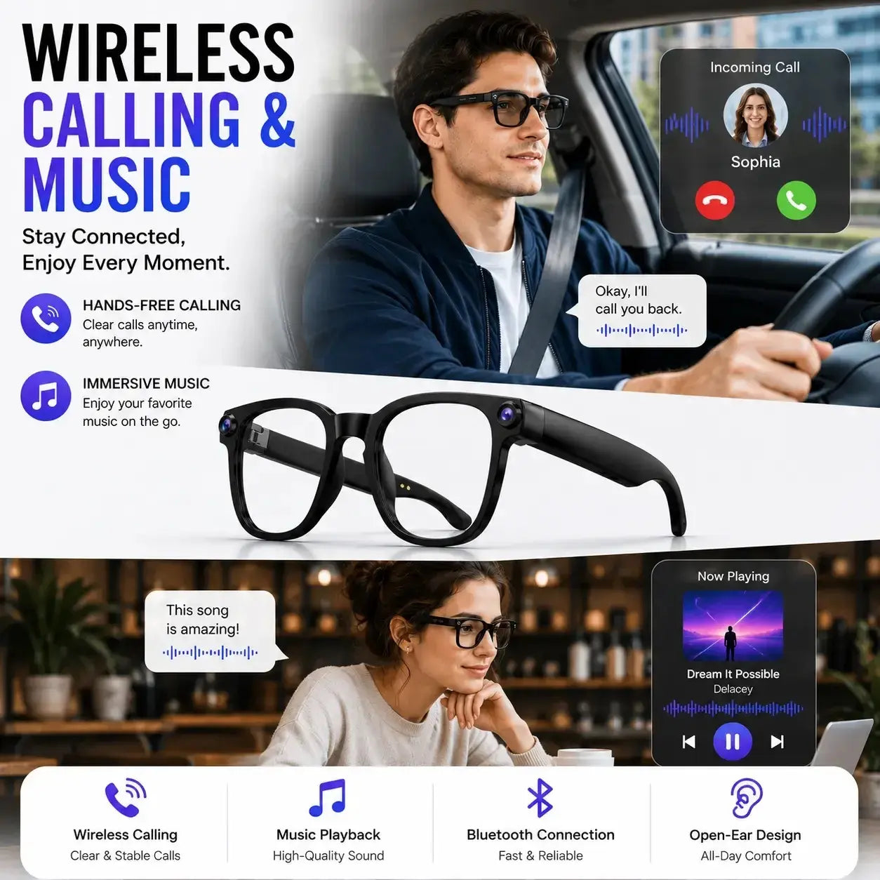 AI Smart Glasses with Translation, 8MP Camera, Real-Time Recording, Wireless Calling and Voice Assistant