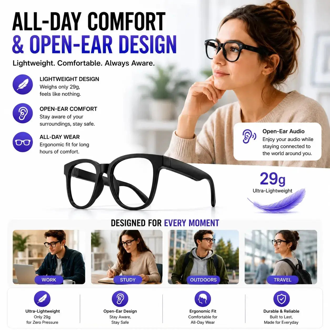 AI Smart Glasses with Translation, 8MP Camera, Real-Time Recording, Wireless Calling and Voice Assistant