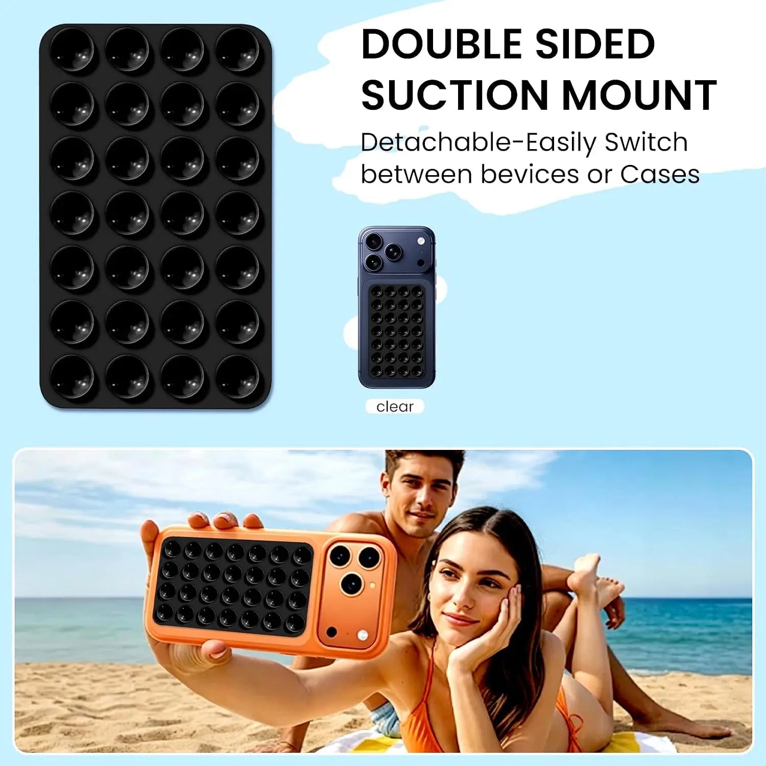3Pcs Silicone Suction Cup Phone Mount, Double-Sided & Single-Sided Hands-Free Strong Grip Phone Holder for Tiktok Videos Selfies Shower Mirror, Non-Slip Reusable Phone Stand