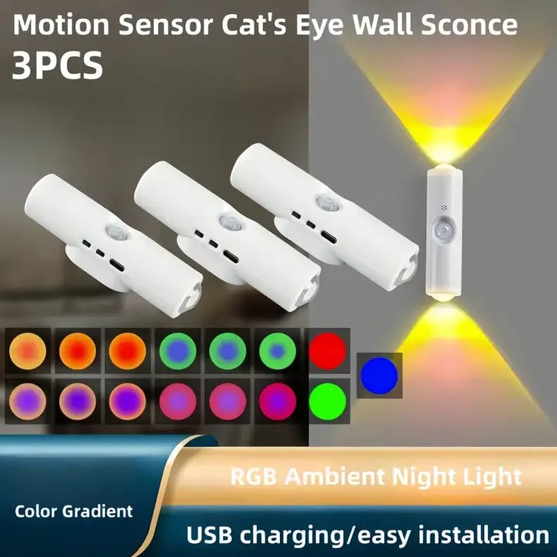 3/4-Piece Smart LED Motion Sensor Night Light - RGB Gradient Dimmable Wall Lamp, USB Rechargeable Indoor Ambient Lighting, Magnetic Step Lamp for Entryway, Bedroom, Living Room, Hallway, and DIY Decor