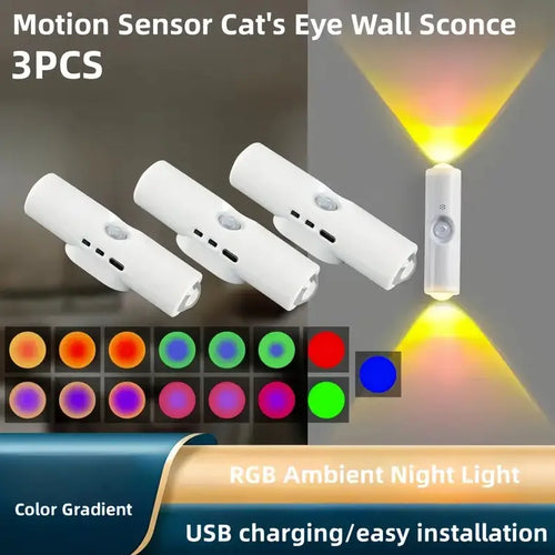 3/4-Piece Smart LED Motion Sensor Night Light - RGB Gradient Dimmable Wall Lamp, USB Rechargeable Indoor Ambient Lighting, Magnetic Step Lamp for Entryway, Bedroom, Living Room, Hallway, and DIY Decor