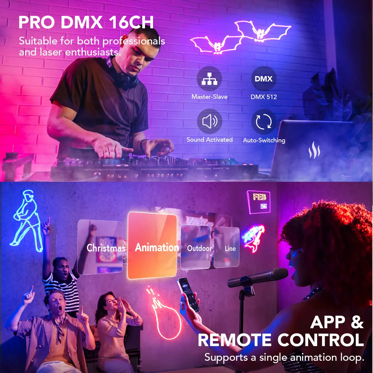 APP DJ Laser Lights Professional - 200+ 3D RGB Animation Laser Light Show, Hand Drawing, Custom Patterns, Sound Actived & DMX Sync for Party, Stage, Club