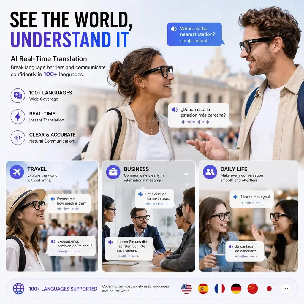AI Smart Glasses with Translation, 8MP Camera, Real-Time Recording, Wireless Calling and Voice Assistant