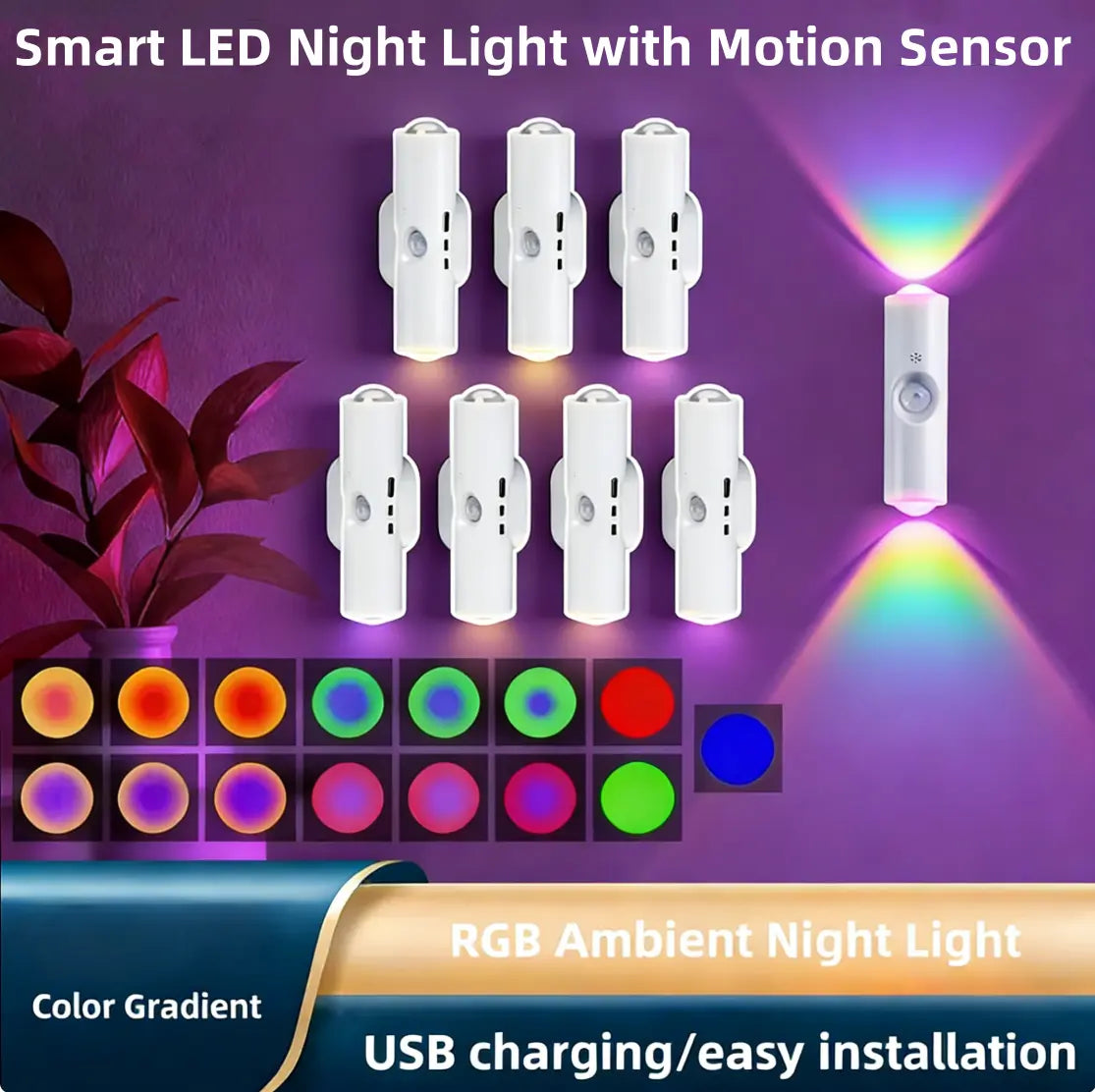 3/4-Piece Smart LED Motion Sensor Night Light - RGB Gradient Dimmable Wall Lamp, USB Rechargeable Indoor Ambient Lighting, Magnetic Step Lamp for Entryway, Bedroom, Living Room, Hallway, and DIY Decor